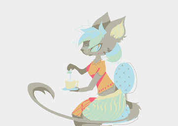 anthro beverage blue_hair bottomwear brown_body brown_fur brown_tail chair clothing container cup female fur furniture green_bottomwear green_clothing green_hair green_skirt hair holding_container holding_cup holding_object holding_tea_cup orange_clothing orange_shirt orange_topwear shirt simple_background sitting skirt solo tail tea tea_cup topwear white_background naircat domestic_cat felid feline felis mammal 2017 digital_media_(artwork) microsoft_paint_(artwork)