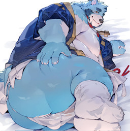anthro asian_clothing blue_body butt clothing east_asian_clothing fundoshi humanoid_hands japanese_clothing kemono male overweight overweight_male smile solo underwear white_body white_clothing white_fundoshi white_underwear yed bonasiah full_attack sophring_jie bear mammal 2026 hi_res