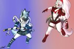 anthro armband bandage black_highlights black_inner_ear blue_background blue_clothing blue_jacket blue_sclera blue_topwear bottomwear claws clothing duo eyebrows feelers female fight footwear fur gloves gradient_background grey_bottomwear grey_clothing grey_highlights grey_skirt hair handwear highlights_(coloring) holding_object holding_weapon jacket katana legband legwear long_hair looking_at_another mask melee_weapon multicolored_body multicolored_fur navel pattern_clothing pattern_footwear pattern_legwear pattern_socks red_background red_body red_clothing red_eyes red_fur red_jacket red_topwear shirt short_hair shorts shoulder_pads simple_background skirt socks striped_clothing striped_footwear striped_socks stripes sword tailless toeless_footwear toeless_socks topwear two_tone_body two_tone_fur weapon white_body white_clothing white_eyes white_fur white_hair white_shirt white_topwear bear213 nintendo pokemon eeveelution generation_3_pokemon generation_6_pokemon pokemon_(species) sylveon zangoose 2022 colored hi_res