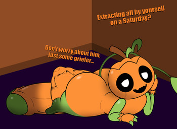 big_butt big_penis biped bubble_butt butt cock_vore erection food foreskin fruit genitals huge_butt humanoid_genitalia humanoid_penis hyper lying male on_front penile penis plant plant_pred pumpkin solo text vore young kahei_yattsu blushcrunch_studio dandy's_world roblox gourdy_holloway elemental_creature flora_fauna english_text hi_res