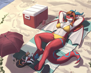 anthro beach beach_towel beach_umbrella beverage bikini breasts clothing cooler countershading detailed_background duo extreme_size_difference eyewear female female/female footwear horn inner_ear_fluff membrane_(anatomy) membranous_wings navel parasol paws sandals shoes size_difference soda sunglasses swimwear towel tuft two-piece_swimsuit wings chimeracauldron mythology dragon mammal mouse murid murine mythological_creature mythological_scalie rodent scalie hi_res