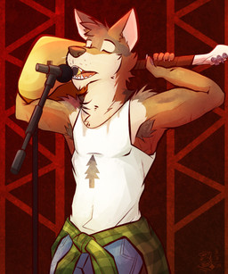 anthro arm_tuft armpit_tuft bass_guitar biceps bodily_fluids bottomwear brown_body brown_fur brown_inner_ear_fluff brown_nose cheek_tuft clothed clothed_male clothing clothing_around_waist countershading denim denim_bottomwear denim_clothing electronics eyes_closed facial_tuft fully_clothed fully_clothed_male fur guitar head_tuft holding_guitar holding_musical_instrument holding_object inner_ear_fluff jeans male microphone musical_instrument open_mouth pants plucked_string_instrument shirt shirt_around_waist shoulder_tuft singing solo stage standing string_instrument sweat sweaty_armpit sweaty_arms sweaty_clothing sweaty_face sweaty_shirt sweaty_topwear text topwear tuft undershirt whisker_spots whiskers white_body white_fur ventkazemaru arches_(game) echo_(series) echo_project cameron_wilson canid canine canis coyote mammal 2024 artist_name dated hi_res signature