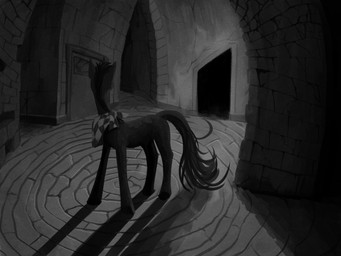 facing_away_from_viewer feral hair horn kerchief looking_away male neckerchief neckwear solo tail stray_prey hasbro my_little_pony mythology fan_character lucent_(oc) equid equine horse mammal mythological_creature mythological_equine pony unicorn 2025 absurd_res black_and_white digital_media_(artwork) hi_res monochrome