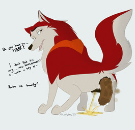 anatomically_correct anatomically_correct_genitalia anatomically_correct_vulva animal_genitalia animal_vulva anus being_watched blush bodily_fluids butt canine_genitalia canine_vulva crouching dark_anus dark_vulva efro feces female feral fur genital_fluids genitals hair kerchief looking_at_another looking_at_viewer neckerchief neckwear open_mouth peeing peeing_on_ground pooping pooping_on_floor quadruped raised_tail red_body red_fur simple_background solo tail text tongue urine urine_on_ground vulva watersports white_body aurapuparts balto_(series) universal_studios jenna_(balto) canid canine canis domestic_dog husky mammal nordic_sled_dog spitz absurd_res digital_media_(artwork) hi_res