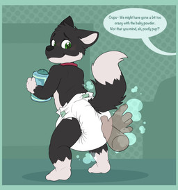 ambiguous_gender anthro baby_powder big_diaper black_body black_fur black_nose black_tail blue_border blush blush_lines border clean_diaper clothed clothing cloud_emanata collar container dialogue diaper diaper_puff disembodied_hand dotted_background duo emanata fur gloves_(marking) holding_container holding_object leg_markings looking_back markings multicolored_body multicolored_fur pattern_background plantigrade red_collar simple_background socks_(marking) speech_bubble tail text translucent translucent_hand two_tone_body two_tone_fur two_tone_tail wearing_diaper white_body white_diaper white_fur white_inner_ear white_tail young young_anthro bubblepuppers canid canine fox mammal absurd_res english_text hi_res