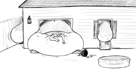 anthro belly big_belly building house huge_belly male outside overweight simple_background solo swimming_pool white_background saphiros canid canine canis domestic_dog mammal 2015 monochrome