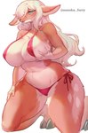 2_toes 5_fingers anthro artist_name aurora_(osaki_eru) big_breasts bikini biped black_nose blue_eyes breasts clothed clothing deer eyebrows eyelashes feet female female_anthro fingers fur hair hand_on_breast hand_on_leg hand_on_thigh hi_res holding_breast kneeling long_hair looking_at_viewer mammal multicolored_body navel nonoka917 orange_body orange_fur red_bikini red_clothing red_swimwear simple_background small_nose solo swimwear toes two_tone_body white_background white_body white_fur white_hair