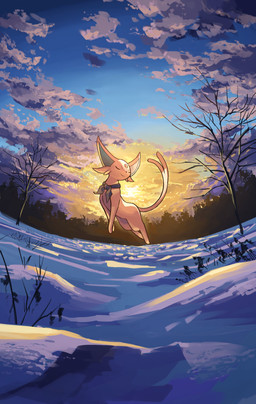 ambiguous_gender cloud eyes_closed feral forehead_gem forked_tail fur gem midair plant purple_body purple_fur sky snow solo sun tail tree unusual_anatomy unusual_tail winter hakkentai_pkdn nintendo pokemon pokemon_mystery_dungeon spike_chunsoft eeveelution espeon generation_2_pokemon pokemon_(species) 2025 hi_res