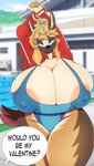 anthro areola big_breasts blonde_hair breasts camel_toe cleavage clothed clothing dialogue female hair huge_breasts hyper hyper_breasts nipple_outline one-piece_swimsuit solo swimming_pool swimwear text thick_thighs vibershot viktoria_(doggod.va) canid canine canis domestic_dog mammal absurd_res english_text hi_res