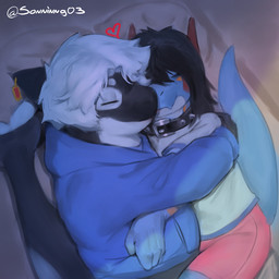 anthro clothing collar cuddling duo male male/male morning sleeping underwear sonninng03 mythology alexander_bite_(character) aquatic cetacean dolphin dragon mammal mythological_creature mythological_scalie oceanic_dolphin orca scalie toothed_whale 1:1 hi_res