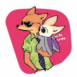 aloha_shirt anthro big_eyes carrying_another clothed clothing costume duo elephant_costume eyewear fully_clothed fur furry_wearing_fursuit fursuit looking_aside male necktie orange_body orange_fur pacifier pattern_clothing pattern_shirt pattern_topwear shirt simple_background size_difference sound_effects speech_bubble sunglasses topwear miche disney zootopia finnick_(zootopia) nick_wilde canid canine fennec_fox fox mammal red_fox true_fox 1:1 2016