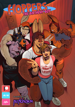 anthro arm_around_shoulders bib bottomwear buckteeth chair clothing electronics eyebrows femboy fingers footwear furniture gesture group group_photo hand_gesture hat headgear headwear hotpants male muscular muscular_arms muscular_male no_shirt on_chair one_eye_closed phone pose posing_for_picture rabbit_ears selfie shirt shoes shorts sitting sitting_on_another sitting_on_chair smile taking_picture teeth text text_on_clothing text_on_shirt text_on_topwear thick_eyebrows tight_clothing tongue tongue_out topwear v_sign wink purplebirdman ben_(falcon_mccooper) clyde_(falcon_mccooper) tyler_(falcon_mccooper) canid canine canis dobermann domestic_dog lagomorph leporid mammal pinscher rabbit comic cover cover_art cover_page english_text hi_res