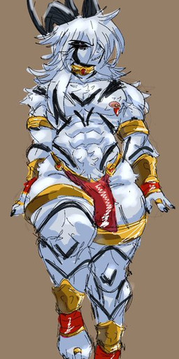 abs ankle_band anthro areola armlet black_horn bottomwear clothing collar crotch_tuft digit_ring feet gold_(metal) gold_jewelry half_naked harem_boy harem_jewelry harem_outfit horn jewelry loincloth male muscular muscular_anthro muscular_male neck_ring nipple_piercing nipples pecs piercing ring solo thighlet toe_ring toes tuft white_body katztonight undertale undertale_(series) asriel_dreemurr_(god_form) bovid caprine goat mammal full-length_portrait portrait