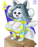 anthro beverage big_breasts blush blush_lines box breasts cleavage clothed clothing container cup excited female happy solo store tea_cup white_body moonix_xero undertale undertale_(series) temmie_(undertale) canid canine felid feline mammal tem absurd_res hi_res