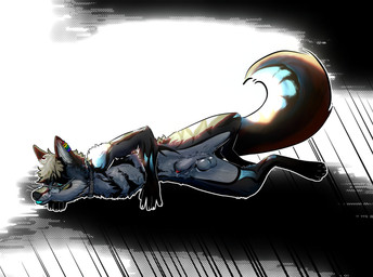 anatomically_correct anatomically_correct_genitalia anatomically_correct_penis animal_genitalia animal_penis anthro bedroom_eyes blep blue_eyes bodily_fluids bright_light canine_genitalia canine_penis collar collar_tag dripping ear_piercing ear_ring eyewear fur genital_fluids genitals glasses half-erect hand_under_chin inviting_to_sex jewelry lipsticking looking_at_viewer lying male multicolored_body multicolored_fur multicolored_jewelry narrowed_eyes on_side penis penis_tip piercing precum precum_drip presenting presenting_penis rainbow_jewelry ring_piercing seductive sheath simple_background solo tongue tongue_out yote-dinner lupus_carnifex rexouium absurd_res hi_res