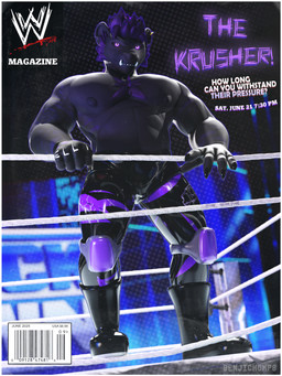 anthro biped black_body black_fur border bulge cheek_tuft clothing competition detailed_background dominant dominant_male facial_tuft fangs fighting_ring fingerless_gloves fur gloves hair handwear latex latex_clothing looking_at_viewer male musclegut muscular purple_eyes purple_hair solo suggestive teeth text tuft white_border wrestling wrestling_clothing wrestling_gear wrestling_outfit benjichomps elliot_(benjichomps) hyena mammal 3:4 3d_(artwork) absurd_res digital_media_(artwork) english_text hi_res huge_filesize