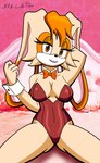 anthro bed big_breasts bow_tie breasts bunny_costume clothed clothing collar costume female fur furniture hair hand_behind_head leotard lipstick looking_at_viewer makeup orange_body orange_clothing orange_eyes orange_fur red_clothing seductive sitting smile solo tan_body tan_fur nikku_lunatique sega sonic_the_hedgehog_(series) vanilla_the_rabbit hi_res