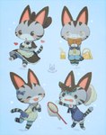 anthro apron basket bendy_straw beverage blue_background blush book bow_(feature) butterfly_net clothing container dress drinking_straw eyes_closed eyewear female fur glasses grey_body grey_fur heart_symbol kemono maid_uniform net open_mouth pawpads reading shoulder_bag simple_background sitting smile solo stripes sweater topwear uniform rikose animal_crossing nintendo lolly_(animal_crossing) arthropod butterfly domestic_cat felid feline felis insect lepidopteran mammal 2020 multiple_images