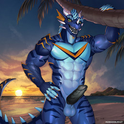 5_fingers abs anthro balls barazoku beach biceps black_penis black_tongue blue_body cheek_spikes cloud cloudy_sky erection facial_horn facial_spikes fingers genitals green_eyes hand_on_hip hand_on_tree head_horn horn male muscular muscular_anthro muscular_arms muscular_male nose_horn nude open_mouth palm_tree pecs penis plant pupils ribbed_penis sea serratus sky slit_pupils solo spiked_tail spikes spikes_(anatomy) sunset tail text tongue tree water huskeeburn21 mythology dracore dragon mythological_creature mythological_scalie scalie wingless_dragon 1:1 2025 artist_name digital_media_(artwork) hi_res portrait three-quarter_portrait