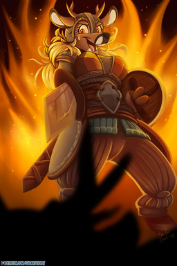 anthro antlers clothing female fire horn melee_weapon open_mouth perspective shield solo sword weapon sugaryviolet deer mammal 2020 hi_res