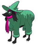 2021 3_toes absurd_res angusburgers barefoot black_body black_fur bovid canid canine canis caprine claws clothed clothed_feral clothing deltarune digitigrade domestic_dog eyewear feet feral fur glasses goat hat headgear headwear hi_res humor mammal meme parody ralsei scarf scrungo simple_background solo toes undertale_(series) white_background wizard_hat