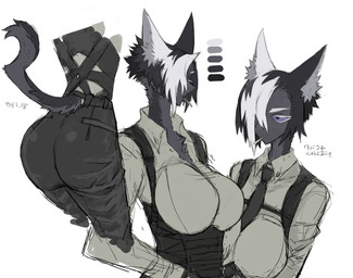 anthro big_breasts black_body black_eyes black_fur black_hair blue_sclera bottomwear breasts butt cigarette clothed clothing female freckles fur furgonomics hair inner_ear_fluff multicolored_hair pants shirt short_hair solo suspenders tail tail_clothing text topwear tuft white_hair 10den domestic_cat felid feline felis mammal absurd_res hi_res japanese_text translated