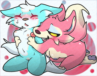 anthro bodily_fluids breasts chibi duo eyeshadow female female/female fluffy kneeling licking makeup nipple_fetish nipple_lick nipple_play nipples pawpads paws raised_tail sitting small_breasts smile smirk sweat tail tongue tongue_out yellow_sclera sparklepupfaeri animal_crossing nintendo freya_(animal_crossing) skye_(animal_crossing) canid canine canis mammal wolf digital_media_(artwork) hi_res
