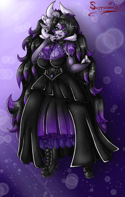 alternative_fashion black_hair boots clothing corset dress female footwear goth hair highlights_(coloring) lingerie long_hair purple_highlights queen royalty shoes solo topwear sorrow2art asian_mythology east_asian_mythology japanese_mythology mythology halfmoon hikari_(sorrow2art) demon humanoid oni yokai absurd_res hi_res herm_(lore)