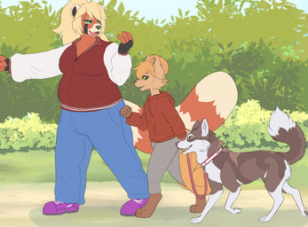 anthro black_sclera blonde_hair blue_bottomwear blue_clothing bottomwear brown_body brown_eyes clothed clothing collar digitigrade feral footwear fully_clothed fur green_eyes grey_clothing group gynomorph hair hoodie intersex leash male markings open_mouth outside overweight pants paws purple_clothing red_clothing red_topwear shoes slightly_chubby smile topwear trio walking gushoafterdark psychobatsu nintendo pokemon ember_(elitetheespeon) fan_character robinv zaarikatt ailurid canid canine canis domestic_dog generation_1_pokemon husky mammal nordic_sled_dog pokemon_(species) red_panda spitz vulpix absurd_res hi_res