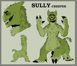 back_tuft black_claws black_sclera border cheek_tuft chest_tuft claws facial_tuft front_view fur green_body green_fur green_spots green_tail grey_background grey_border grin leg_tuft male neck_tuft red_eyes sharp_teeth simple_background smile solo spots spotted_back spotted_legs tail teeth tuft unsigned white_eyes swampjaws microsoft minecraft mojang xbox_game_studios sully_(imperatorcaesar) creeper_(minecraft) taur absurd_res hi_res model_sheet