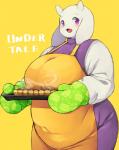 anthro apron big_breasts blush breasts clothed clothing cooking cute_fangs dessert ears_on_shoulders fangs female food fully_clothed handwear horn long_ears looking_at_viewer mature_anthro mature_female navel open_mouth oven_mitts overweight overweight_anthro overweight_female pastry pie purple_eyes simple_background solo standing teeth text thick_thighs white_body akitaka undertale undertale_(series) toriel boss_monster_(undertale) bovid caprine mammal