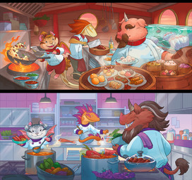 anthro beard bottomwear bowl brown_beard brown_facial_hair carrot cleaver_(knife) clothing container cooking cooking_pot cutlery detailed_background ear_piercing facial_hair female fire flying food fur group holding_knife holding_object horn inside kitchen kitchen_knife kitchen_utensils knife lamp male membrane_(anatomy) membranous_wings pants piercing plant smile soup tail tools vegetable window wings wok sandara critter_kitchen fish mammal marine reptile rodent scalie suid suine sus_(pig) wild_boar 2025 hi_res official_art