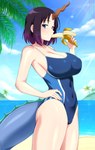 banana beach big_breasts biped breasts clothed clothing female food fruit hair looking_at_viewer one-piece_swimsuit plant pupils solo swimwear thick_thighs lindaroze_(artist) miss_kobayashi's_dragon_maid mythology elma_(dragon_maid) animal_humanoid dragon dragon_humanoid humanoid mythological_creature mythological_scalie scalie hi_res