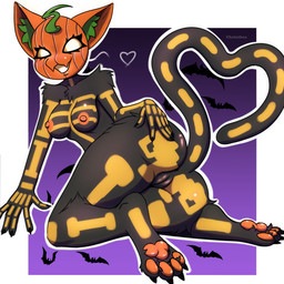 anthro black_body black_fur breasts butt female food for_a_head fruit fur genitals heart_symbol holidays paws plant pumpkin pumpkin_head solo tail thick_thighs vulva chalathea epic_games fortnite halloween spice_(fortnite) felid feline mammal object_head 1:1 absurd_res hi_res