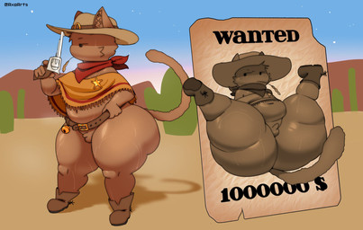 5_fingers anthro balls belly belt big_butt black_eyes blush blush_lines bodily_fluids boots bottom_heavy bottomless bottomless_anthro bottomless_male brown_body brown_boots brown_clothing brown_ears brown_footwear brown_fur brown_hair brown_hat brown_headwear brown_shoes brown_tail butt cactus cheek_tuft chewing_grass clothed clothing cowboy_hat currency_symbol day desert dollar_sign ears_through_headwear facial_tuft fingers footwear fur furgonomic_headwear furgonomics genitals gun hair half-closed_eyes handgun hat headgear headwear holding_gun holding_handgun holding_object holding_ranged_weapon holding_revolver holding_weapon inner_ear_fluff kerchief legs_up looking_away male micropenis narrowed_eyes navel neckerchief neckwear object_in_mouth on_sand orange_poncho penis plant poncho pose presenting presenting_hindquarters ranged_weapon red_kerchief red_neckerchief red_scarf revolver sand scarf sheriff sheriff_badge shoes shortstack shortstack_male sitting small_balls small_penis solo spurs standing sweat sweaty_legs sweaty_thighs symbol tail text thick_thighs tuft wanted_poster weapon wheat wheat_in_mouth wide_hips axoarts sheriff_(axoarts) domestic_cat felid feline felis mammal 2025 artist_name digital_media_(artwork) english_description english_text hi_res