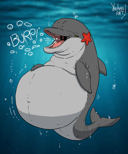 anatomically_inaccurate belly big_belly bubble burping dolphin_tail feral green_eyes grey_belly grey_body grey_fin grey_tail male open_mouth overweight solo starfish_(accessory) tail underwater uvula water yauhasart aquatic asterozoan cetacean dolphin echinoderm mammal starfish toothed_whale 2026 flat_colors hi_res watermark