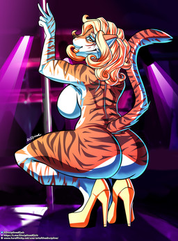 anthro big_breasts big_butt breasts butt clothing crouching dancing female footwear high_heels huge_butt nightclub pole pole_dancing raised_tail rear_view shoes smile solo tail text artofthediscipline felid mammal pantherine tiger absurd_res hi_res url