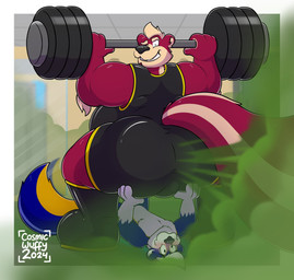 anthro belly big_butt boots butt clothing crouching deadlift duo exercise fart fart_cloud fart_fetish farting_on_another footwear gassy gym holding_butt lying male male/male manly on_back raised_tail shoes size_difference smelly tail weightlifting workout cosmicwuffy_(artist) red_zeppelin mammal mephitid skunk hi_res