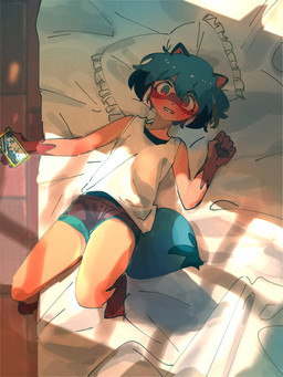 anthro bed bed_covers bedding bedroom black_highlights blue_eyes blue_hair blush blush_lines bottomwear cellphone clenched_teeth clothed clothing day detailed_background dipstick_tail electronics facial_markings female flustered furniture gloves_(marking) hair head_markings high-angle_view highlights_(coloring) holding_cellphone holding_object holding_phone holding_smartphone inside kemono leg_markings light looking_at_viewer lying markings mask_(marking) on_back on_bed orange_body phone pillow shirt short_hair shorts smartphone socks_(marking) solo sunlight tail tail_markings tank_top teeth topwear undershirt i4_kan brand_new_animal studio_trigger michiru_kagemori canid canine mammal raccoon_dog tanuki 2020 3:4 digital_media_(artwork)