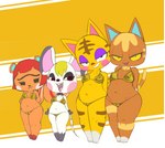 anthro bikini breasts buckteeth clothing female gold_bikini gold_clothing gold_swimwear grin group hands_behind_back looking_at_viewer nipple_outline open_mouth open_smile simple_background smile smug swimwear teeth tongue tongue_out two-piece_swimsuit wide_hipped_female wide_hips vono animal_crossing golden_week nintendo bella_(animal_crossing) hazel_(animal_crossing) katt_(animal_crossing) tabby_(animal_crossing) domestic_cat felid feline felis mammal mouse murid murine rodent sciurid tree_squirrel