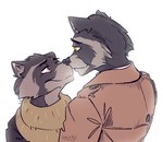 anthro clothing coat duo fur grey_body grey_fur kissing male male/male nose_kiss simple_background topwear trenchcoat white_background yellow_eyes jackiry tails_noir howard_lotor larry_(tails_noir) mammal procyonid raccoon 2021 absurd_res hi_res