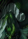 black_body feral fin green_smoke grin horn long_neck male smile smoke solo teeth upside_down siegel mythology eb_k'eth dragon mythological_creature mythological_scalie scalie bust_portrait digital_media_(artwork) green_theme portrait