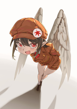 :d accessory black_hair bottomwear brown_bottomwear brown_clothing brown_footwear brown_hat brown_headwear brown_shoes brown_shorts clothing feathered_wings feathers female footwear hair hands_behind_back hat headgear headwear humanoid_pointy_ears leaning leaning_forward looking_at_viewer necktie newsboy_cap open_mouth open_smile pointy_ears red_eyes red_necktie shirt shoes shorts simple_background smile socks solo standing topwear white_background white_clothing white_footwear white_shirt white_socks white_topwear wings yazato_ichimushi touhou aya_shameimaru animal_humanoid avian avian_humanoid humanoid winged_humanoid absurd_res hi_res