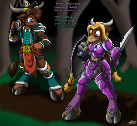 anthro arbalist armor blonde_hair braided_hair breasts brown_hair clothing crossbow detailed_background duo female forest fur gem hair holding_melee_weapon holding_object holding_sword holding_weapon hooves horn jewelry male medium_breasts melee_weapon necklace outside plant ranged_weapon shield sword transformation tree uniform weapon catmonkshiro blizzard_entertainment nfl philadelphia_eagles warcraft pheagle bovid bovine mammal tauren 2015