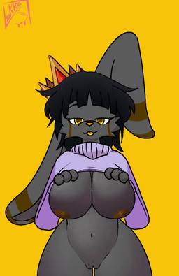 anthro belly big_breasts bouncing bouncing_breasts breasts camera_shake clothed clothing clothing_lift crown dark_hair female flashing fur fur_markings genitals grey_body headgear holding_clothing holding_object long_ears looking_at_viewer markings medium_hair navel nipples pink_clothing presenting presenting_breasts simple_background solo sweater teasing thick_thighs tongue tongue_out topwear vulva yellow_eyes yellow_nipples yellow_nose yellow_tongue lukkylk pon_(ponki) lagomorph mammal animated cel_shading loop no_sound shaded soft_shading webm