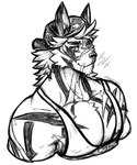 anthro clothing fangs headgear headwear lightning_bolt male muscular muscular_anthro muscular_male smile solo tattoo teeth topwear dynogreeno lifewonders tokyo_afterschool_summoners q'ursha_(tas) canid canine canis domestic_dog mammal absurd_res hi_res monochrome