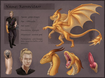 animal_genitalia animal_penis anthro blonde_hair bodily_fluids claws dagger feral genitals gold_scales hair horn knot long_hair male melee_weapon membrane_(anatomy) membranous_wings mouth_shot open_mouth penis rapier saliva solo sword tail tattoo teeth text weapon wings yellow_eyes himeragoldtail european_mythology mythology kerrovitarr dragon gold_dragon human mammal mythological_creature mythological_scalie scalie western_dragon hi_res model_sheet