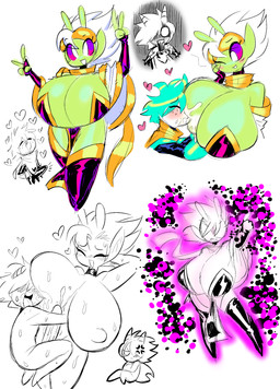 antennae_(anatomy) armwear big_breasts blue_hair bodily_fluids breastfeeding breasts choker clothed clothing cross-popping_vein cuckquean cum erection female genital_fluids genitals green_body green_skin group hair hand_behind_head heart_symbol horn huge_breasts humanoid_pointy_ears interspecies jewelry lactating legwear male male/female necklace one_eye_closed penis pointy_ears skimpy tenting thick_thighs thigh_highs trio white_body white_hair white_skin theguywhodrawsalot penny_(theguywhodrawsalot) sara_(theguywhodrawsalot) valerie_(theguywhodrawsalot) alien alien_humanoid horned_humanoid human humanoid mammal absurd_res hi_res