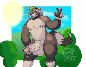 anthro balls big_balls big_penis facial_piercing genitals gesture hand_gesture hand_on_penis huge_penis looking_at_viewer male nose_piercing nose_ring penis piercing ring_piercing slightly_chubby slightly_muscular solo thick_thighs v_sign vein veiny_penis possbooty epic_games fortnite rufus_(fortnite) mammal procyonid raccoon absurd_res hi_res