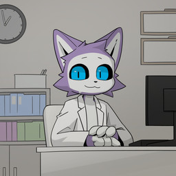 anthro biped black_sclera blue_eyes bookshelf clock computer doctor electronics fur furniture kemono looking_at_viewer male purple_body purple_fur slim_anthro slim_male solo white_body white_fur white_lab_coat carbine_wolf presto_(character) domestic_cat felid feline felis mammal 1:1 2025 hi_res